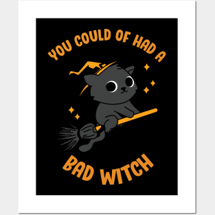 Halloween Kitty! You Could of had a Bad Witch! Black & Orange Funny Cat on a Flying Broom Witchy Stars October Love Posters and Art